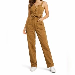 Women’s Brown Utility Jumpsuit Sleeveless Belted Wide Leg